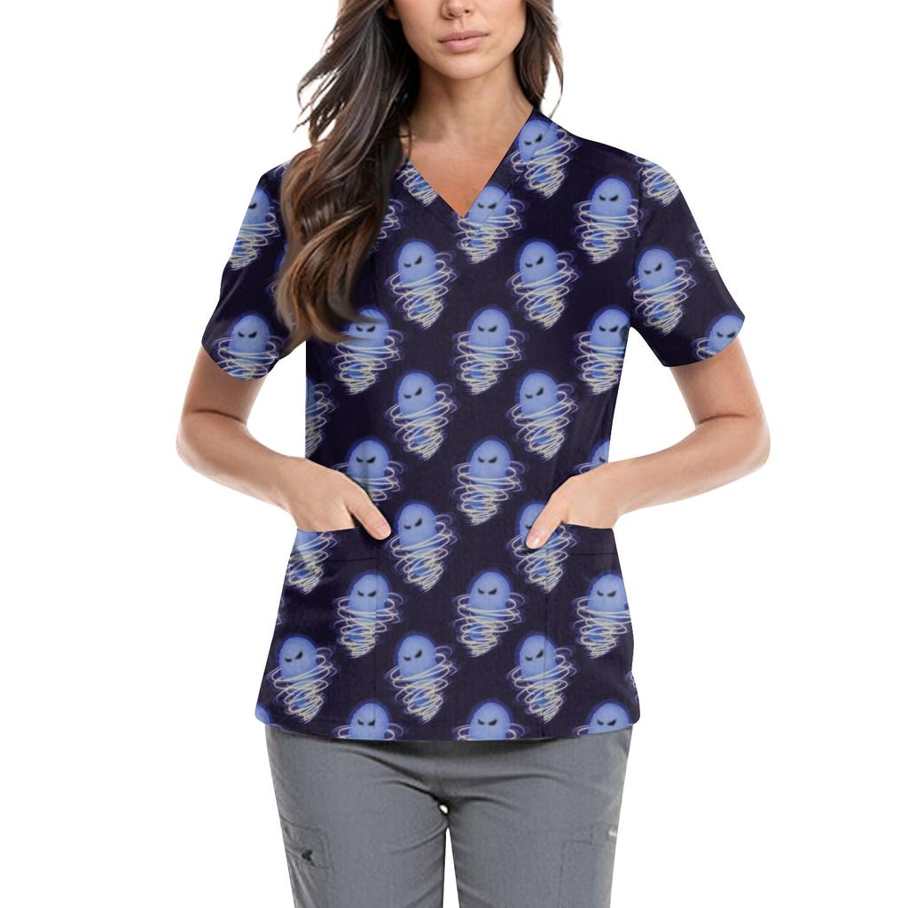 Damskie urocze ubrania do pracy z nadrukiem dekolt V podwójna warstwa kieszenie podstawowy top z krótkim rękawem wkładany Walentynki