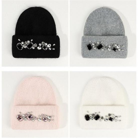Women Rhinestone Knitted Hat Warm Ski Beanie Cap Crystal Beads Decor Winter Hat