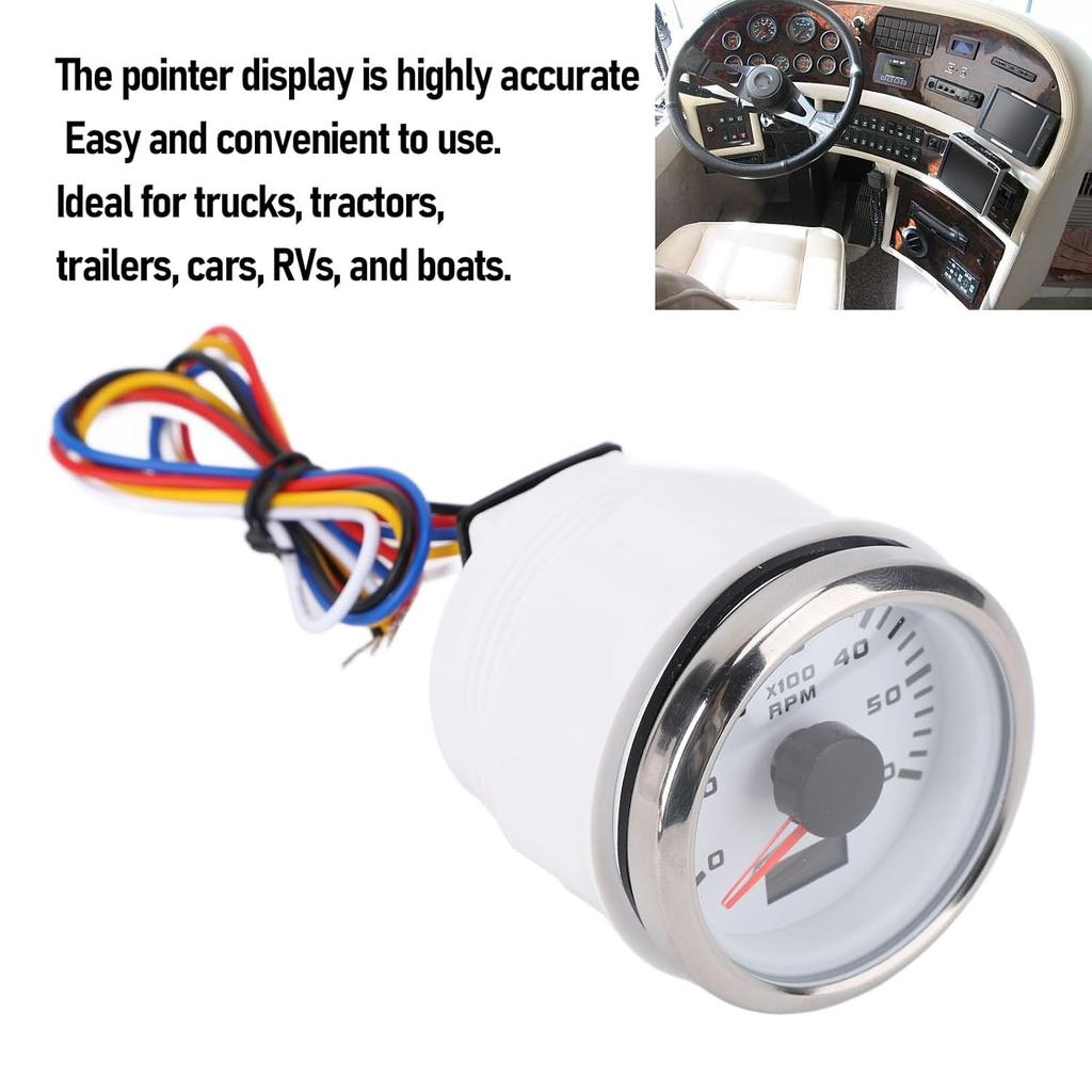 Tachometer Gauge, 52mm 2inch Car 6000RPM Automotive Tachometer with Hour Meter, 7 Color Backlight RPM Meter Kit for Truck Tractor Car RV Boat (White