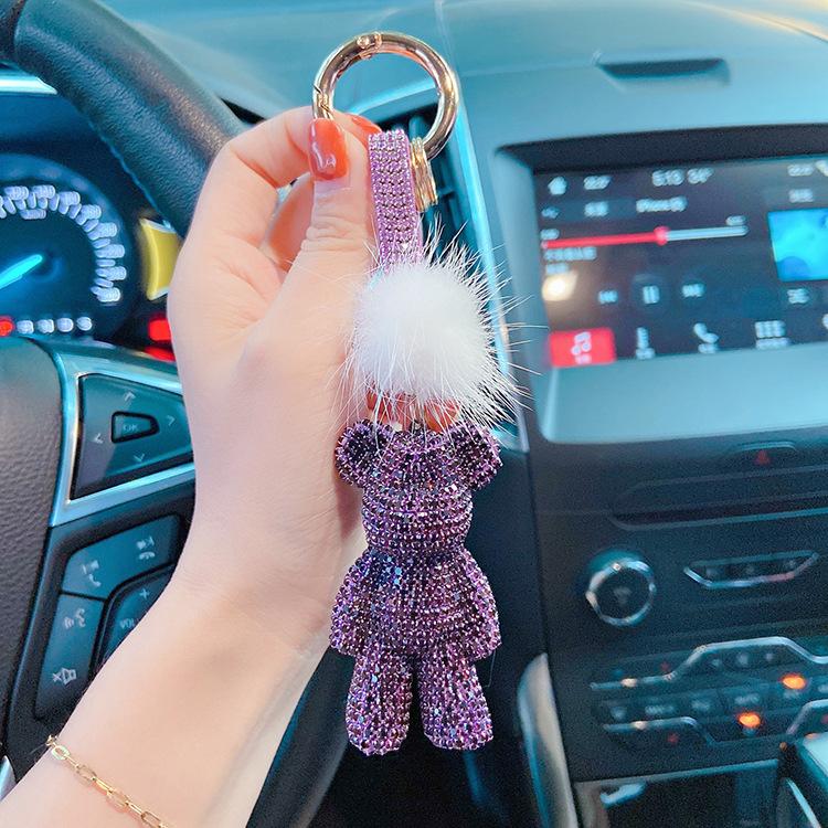 Autumn and Winter New Mink Hair Full of Diamonds Violent Bear Car Key Chain Drill Rope Key Ring Bag Pendant Online Celebrity