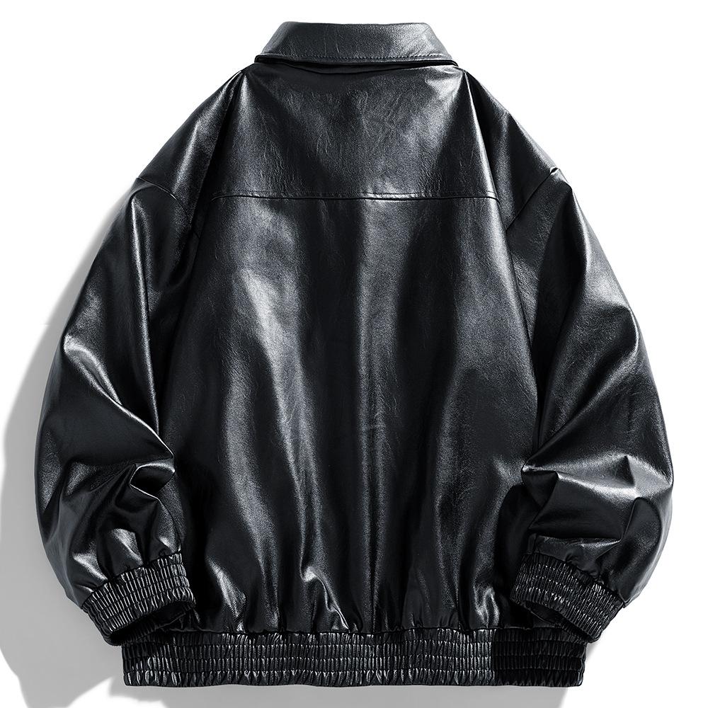 Men's Lapel Leather Jacket Men's Spring and Autumn American Versatile Zipper Pu Leather Jacket Jacket