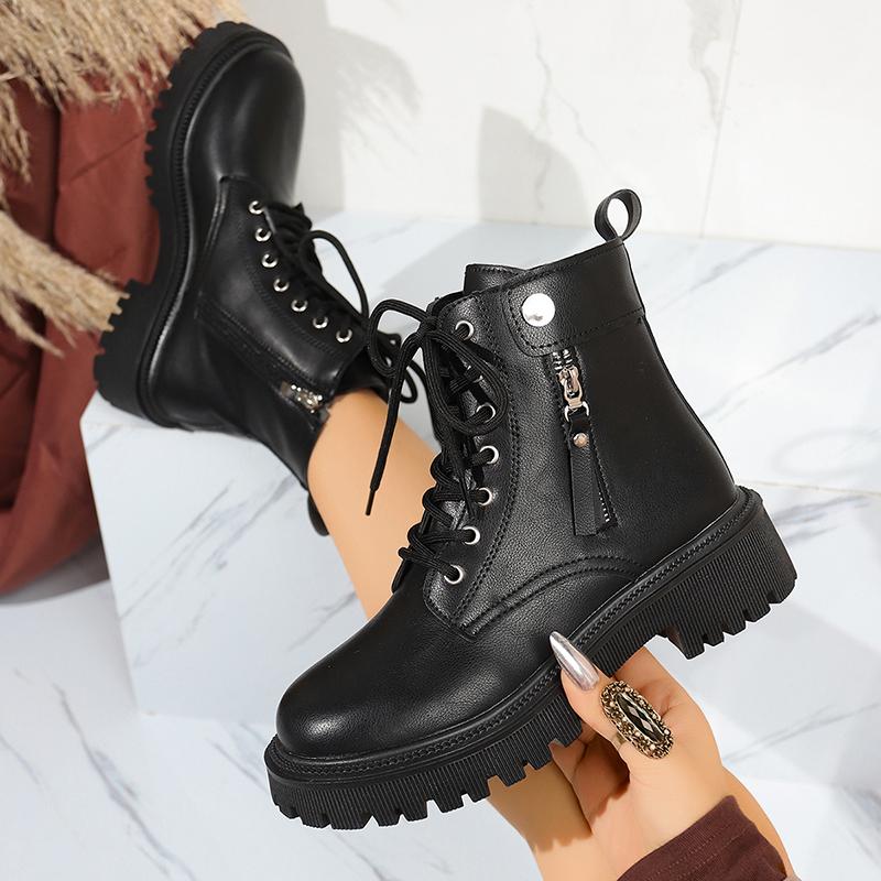 Fashion Punk Zipper Decor Platform Ankle Boots for Women Autumn Winter Black Thick Sole Short Booties Mujer Lace Up Pu Leather Boots
