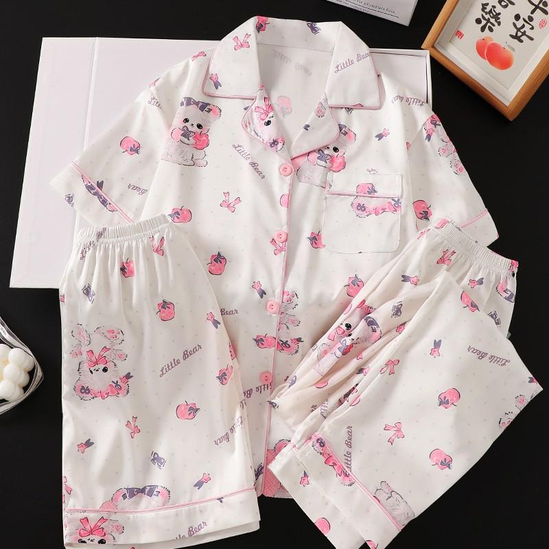 Girls Ice Silk 3-Piece Pajama Set Short Sleeve Sleepwear Kids 8 Years Cartoon Print Lightweight Air-Conditioning Suit