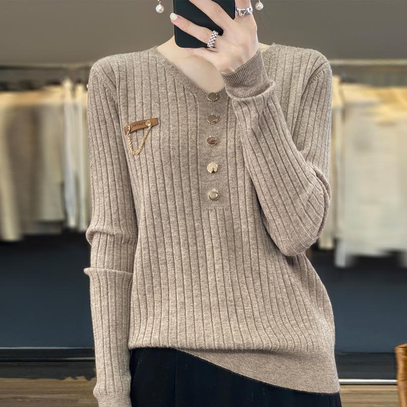 DAFIFY Moterų mados kasdieniai rudens žiemos vienspalviai megztiniai ilgomis rankovėmis V formos iškirpte