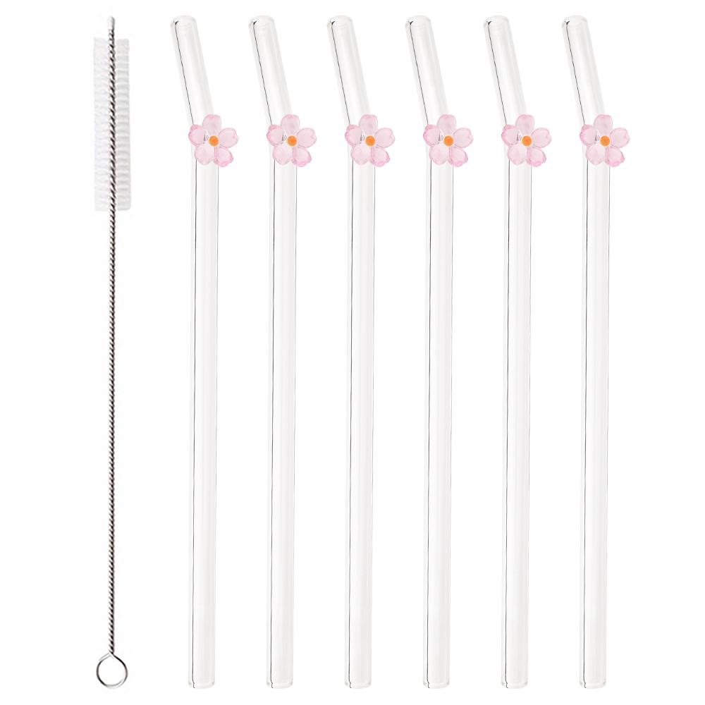 

Стеклянные трубочки с цветами Многоразовые прямые и изогнутые трубочки Прозрачные термостойкие питьевые трубочки Трубочки для чая и кофе для барных аксессуаров розовый