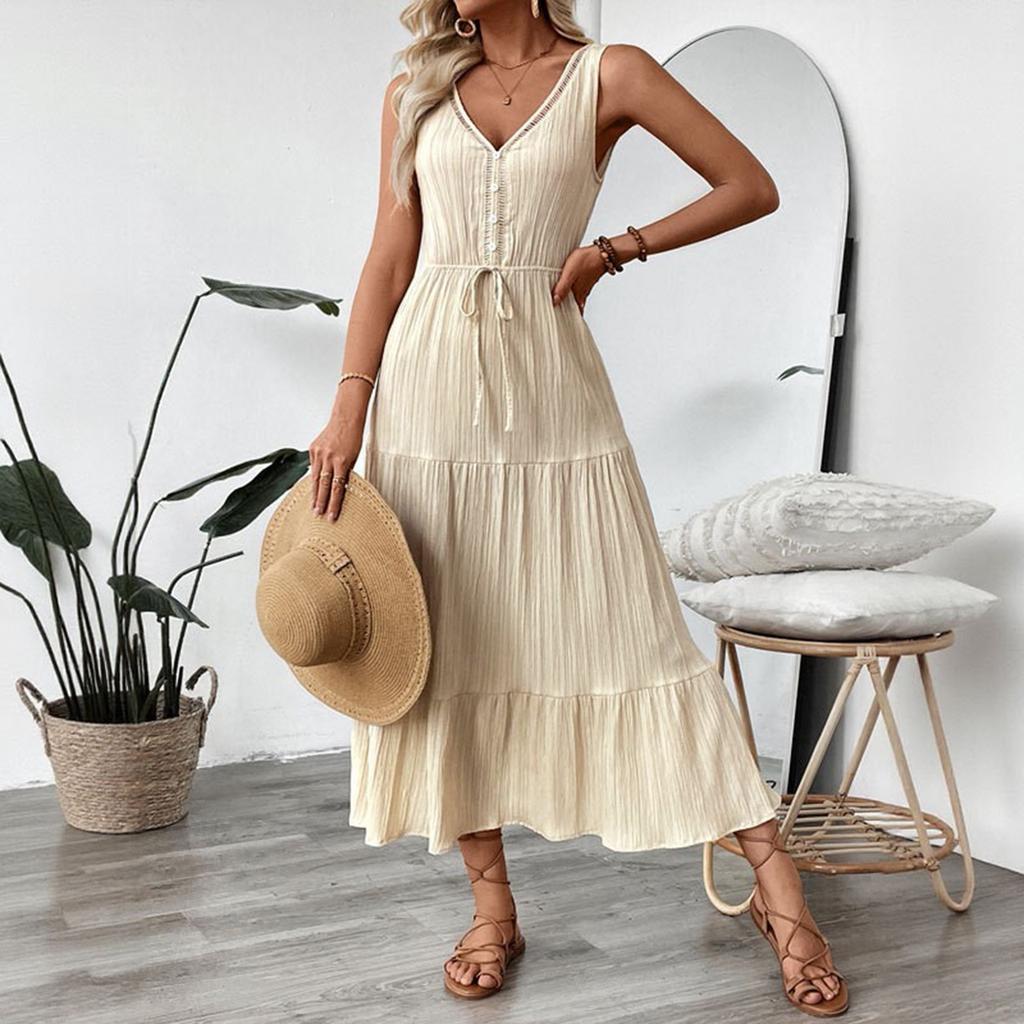 Women's Summer Sleeveless V-Neck Ruffle A-Line Midi Dress