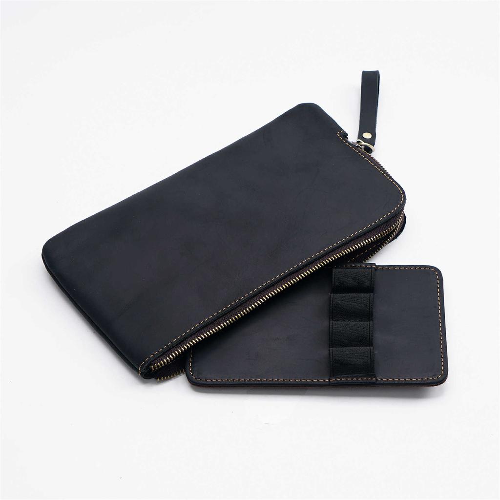 Crazy Horse Leather Zipper Pen Bag Large Capacity Multi-Function Storage Case with Removable Pencil Case