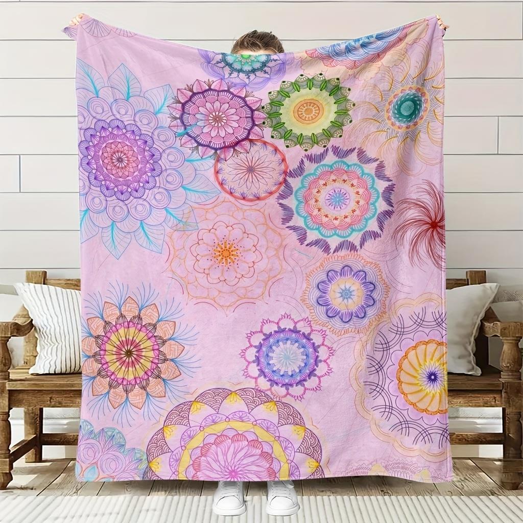 Contemporary Multicolor Mandala Floral Print Fleece Blanket - Soft Breathable Polyester All-Season Cozy Throw, Pastel Pink 130x150cm51x59in