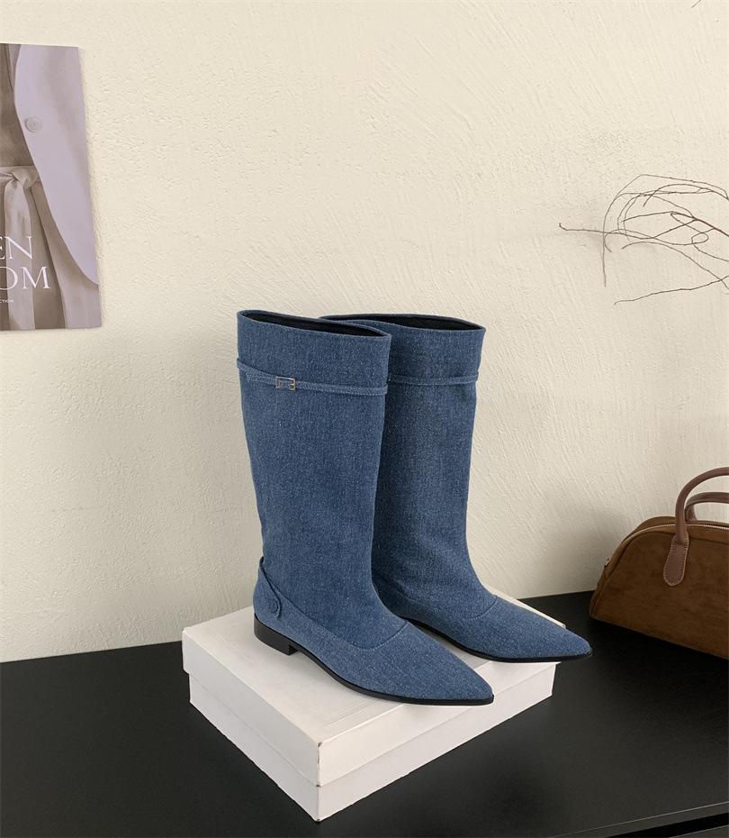 

But knee boots flat Korean version pointed cowboy boots 2025 autumn and winter new sleeve women s boots boots 39 джинсовый синий