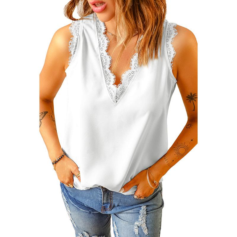 Women's V Neck Sleeveless Tank Top Loose Lace Trim Solid Color Casual Camisole