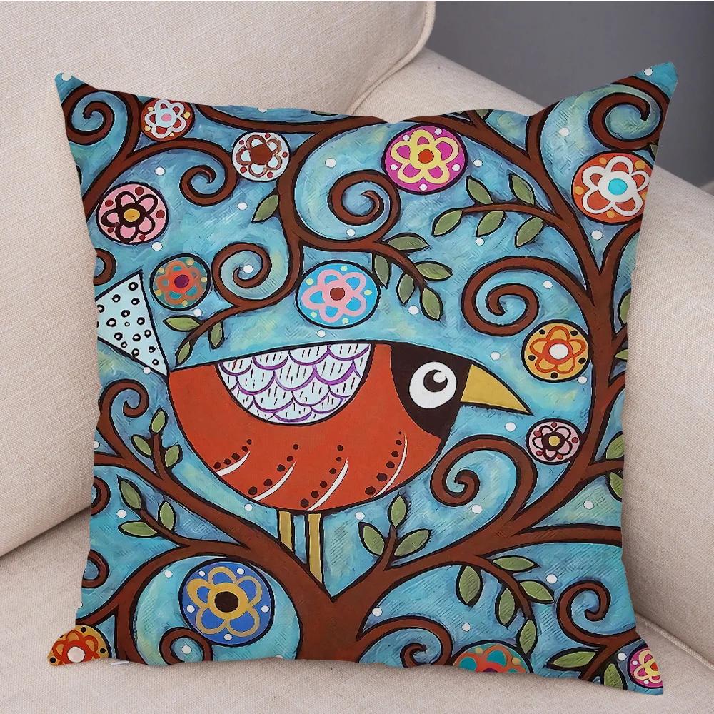 Retro Rural Color Cities Cushion Cover For Sofa Home Car Decor Colorful Cartoon House Pillow Case Tree Short Plush Pillowcase