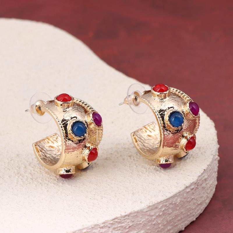 Multi Color Glass Inlay Metal Post Earrings For Women Vintage New Style Fashion Jewelry Daily Wear Accessories Gifts