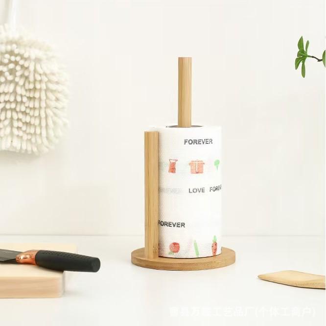 Bamboo Kitchen Countertop Tissue & Napkin Holder - Vertical Solid Wood Paper Roll, Cling Film, and Rag Rack with Paper Presser.