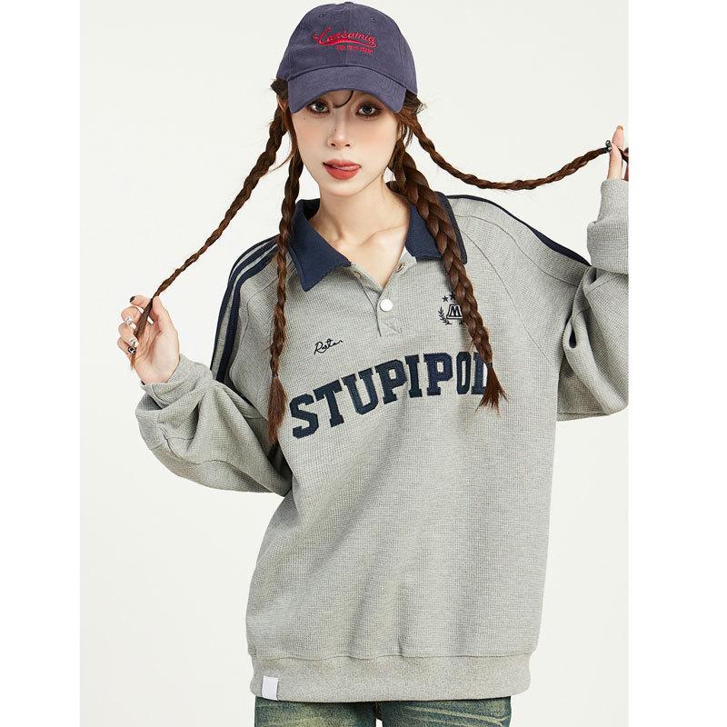 

Women s Oversized Retro Polo Collar Raglan Sleeve Sweatshirt - Spring/Autumn Trend 2XL [Suitable for 75-90kg] сірий колір