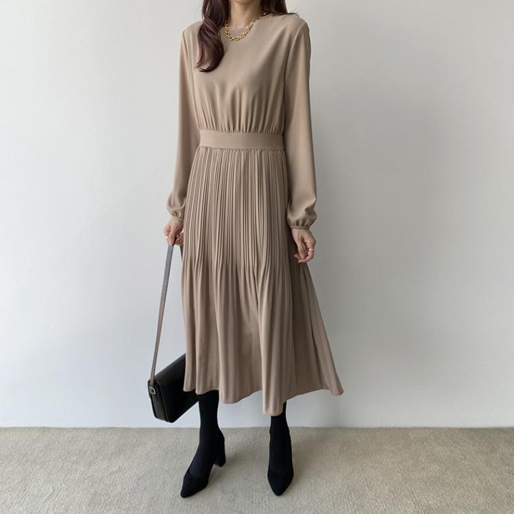 Early Autumn Elegant Lady High Waist Pleated Long Maxi Comfortable Dress Lightweight High Recognition Elegant with Flattering Chic Dress