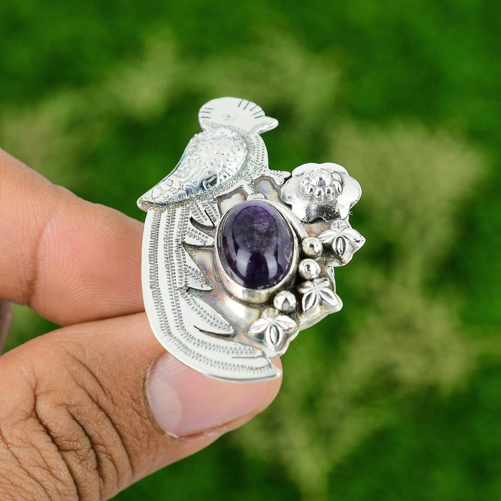 Natural Chevron Amethyst Gemstone Stackable Bird Adjustable Ring 925 Silver