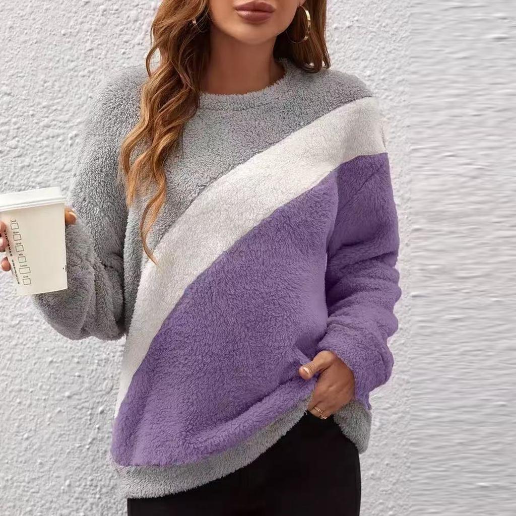 Women's Fashion Casual Round Neck Contrasting Color Drop Shoulder Sleeve Fleece Long Sleeve Pullover Top