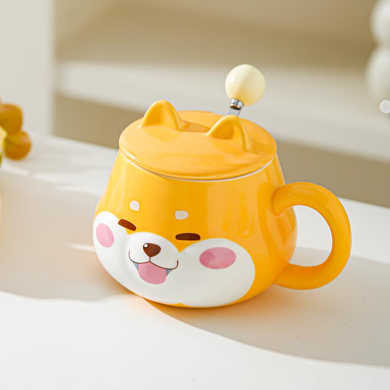 Roztomilý keramický hrnek na vodu Super roztomilý Shiba Inu Kreativní hrnek na vodu s víčkem Vysoký vzhled Narozeninový dárek Pár Domácí kancelářský hrnek