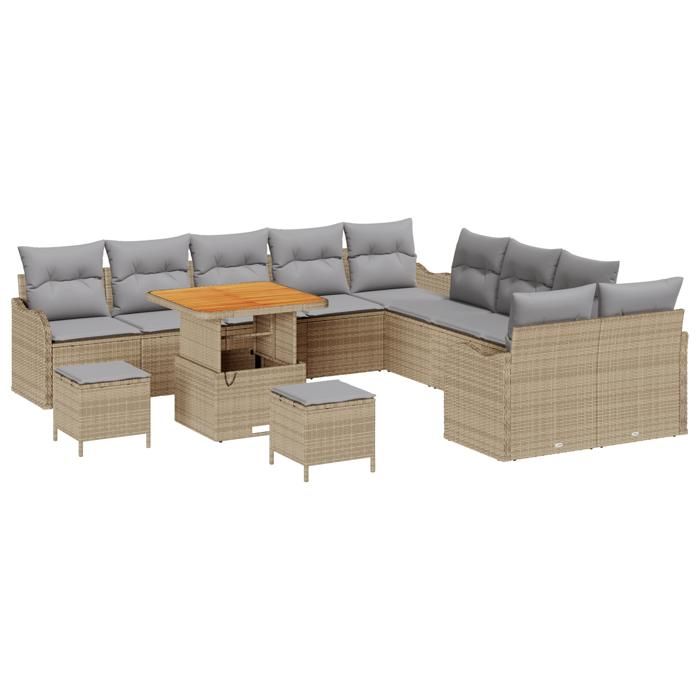 Canapé de jardin vidaXL 13 pièces avec coussins Beige Poly Rattan Acacia, Canapé de jardin 2 places vidaXL avec rangement 3364272