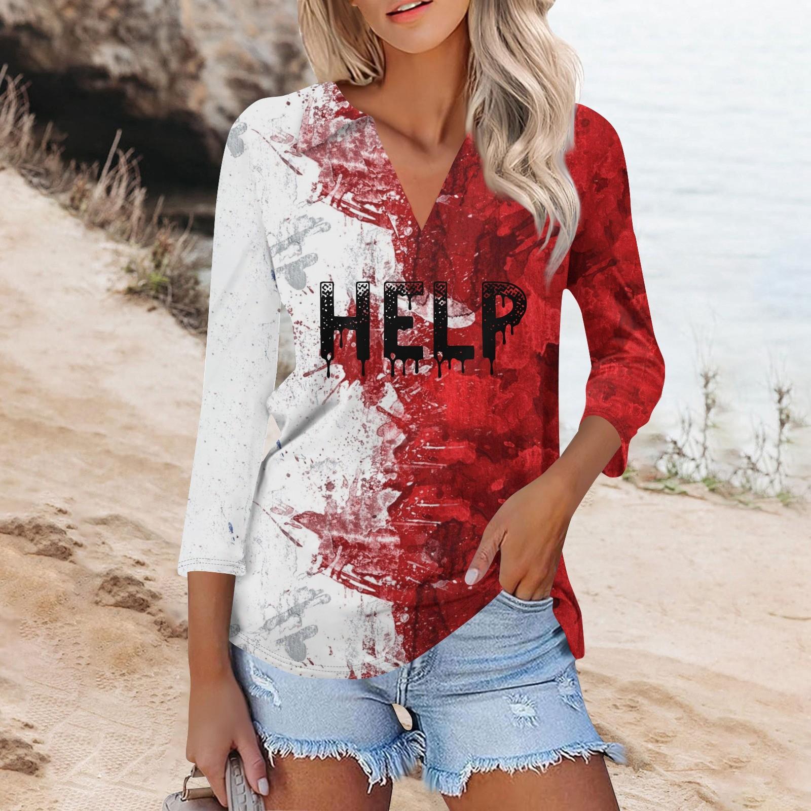 Женская модная повседневная футболка с V-образным вырезом и рукавом 3/4 на Хэллоуин — фото 9