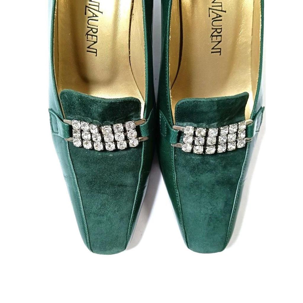 Used Yves Saint Laurent Pumps Green Suede Enamel Bijou 36 (23cm) Heel 6cm