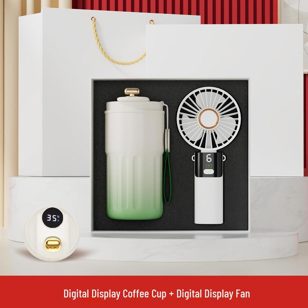 Digital Display Coffee Cup & Handheld Fan Business Gift Set for Leaders & Colleagues - Customizable with Logo