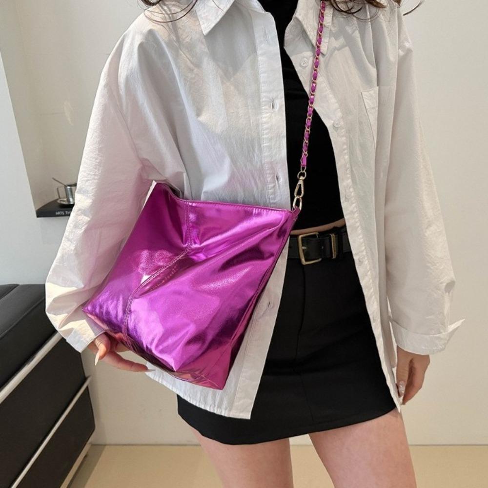 Shiny PU Leather Tote Bag Solid Color Women Handbag Retro Chain Shoulder Bag Girls