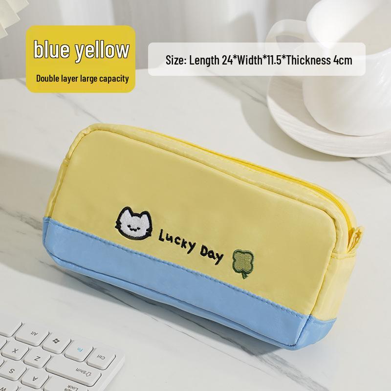 

Large Capacity Color-Blocked Kitten & Clover Embroidery Pencil Case