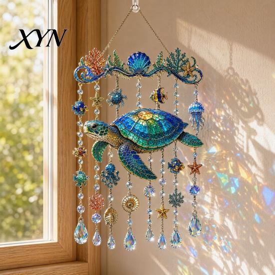 Durable Acrylic Sun Catcher Ocean Animal Window Hanging, Stained Glass Style Sea Turtle Whale Dolphin Suncatcher Beach Themed Home Decor with Crystal