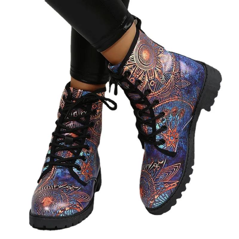 Boots Women's Autumn and Winter  British Fashion Women's Tooling Boots Skull and Flower Print High-top Boots Ladies