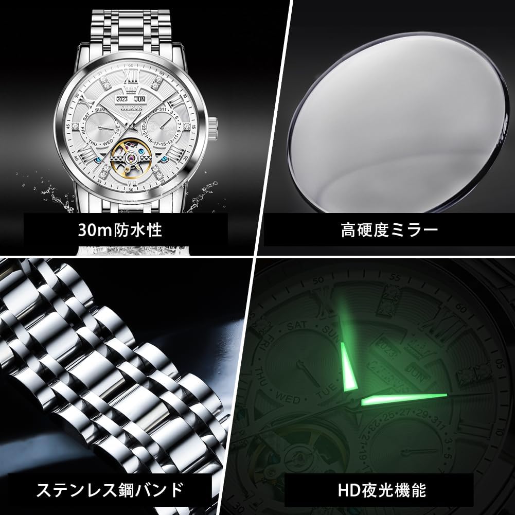 OLEVS Men's Mechanical Automatic & Manual Winding Watch with Perpetual Calendar, Skeleton Design, Metal Band, Retro Style, Luminous, Waterproof, White