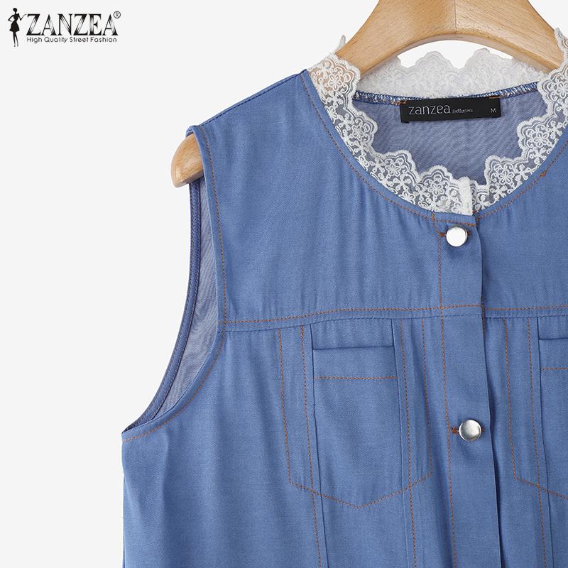 ZANZEA Women Casual Lace Splice Summer Round Neck Sleeveless Tank Tops