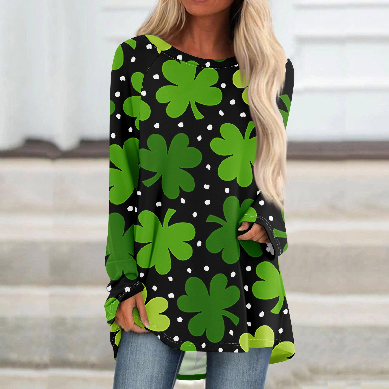 

Женский модный свободный свитер средней длины с круглым вырезом St. Повседневный топ с длинными рукавами и принтом ко Дню Святого Патрика с рукавами реглан L армия зеленый
