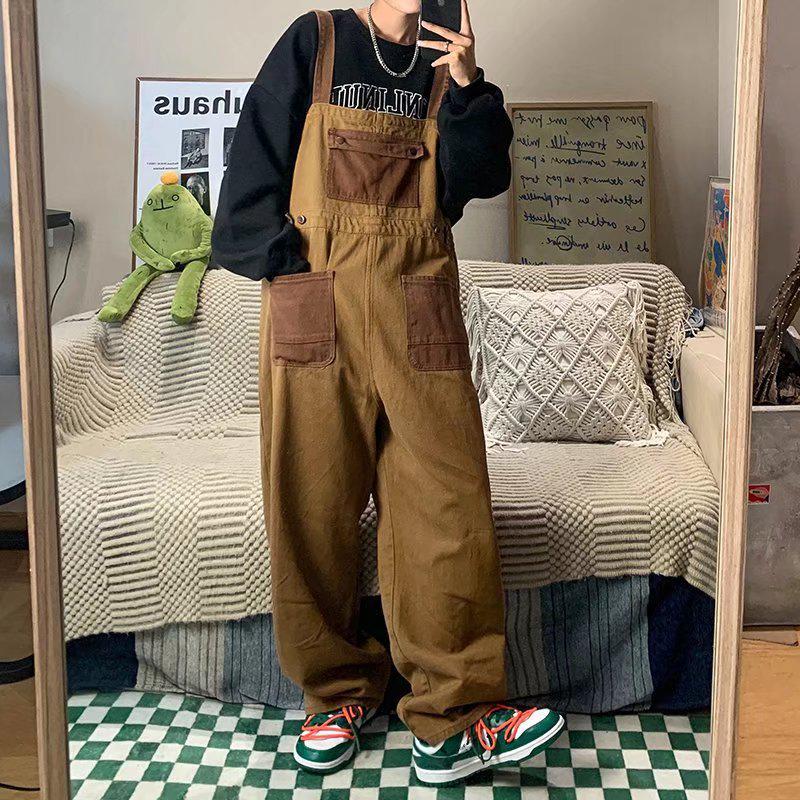 Men's Japanese Retro Reversible Neutral Overalls - Orange & Brown, Loose-Fit, Couple's Style.