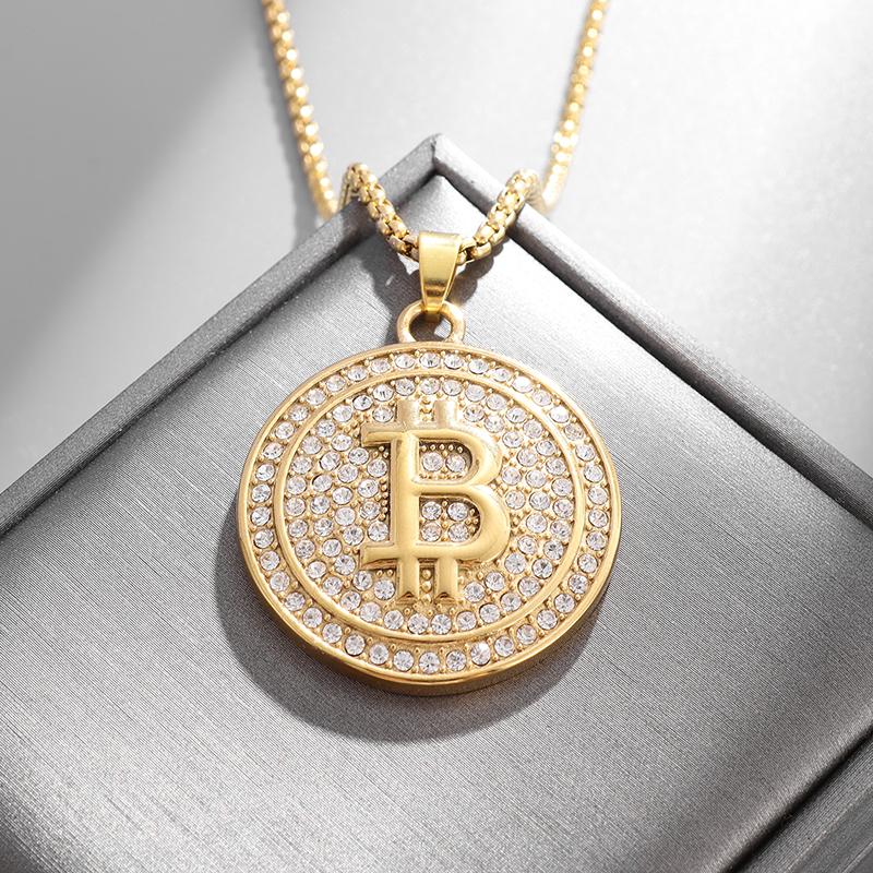 Collana Ciondolo Bitcoin Bling Iced Out con Strass per Uomo e Donna Hip Hop Rock Rap Gioielli Trendy Cool
