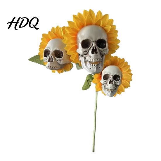 Skull with Sunflower Decor Ornament Halloween Theme Garden Decor Potted Skeleton Flower
