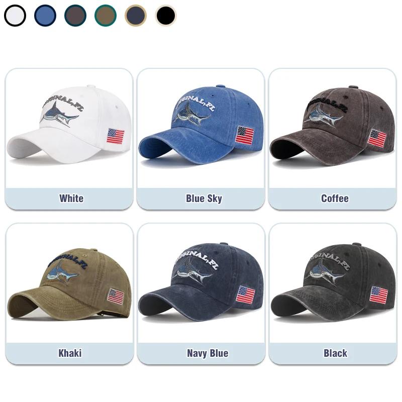 Shark Graphic and American Flag Embroidery Men Women Adjustable Soft Top Baseball Cap