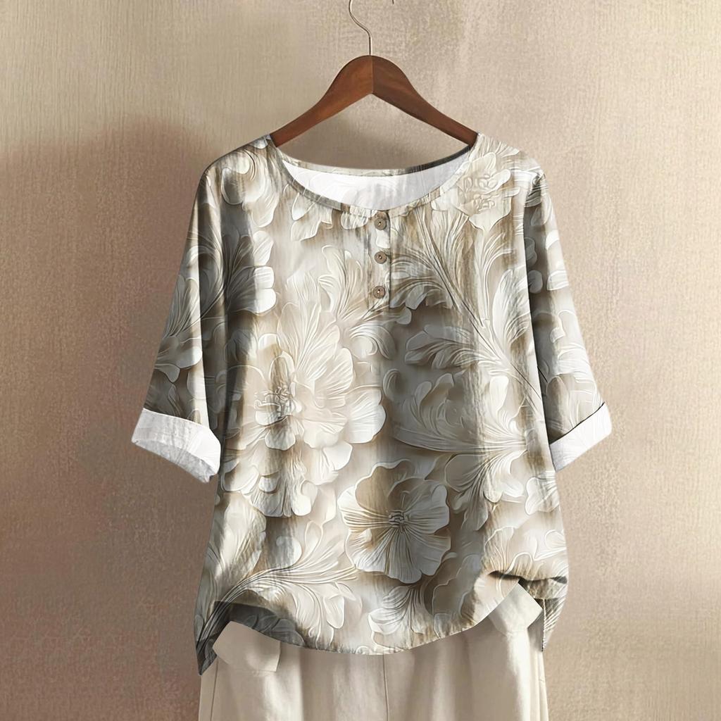 Women's Fashionable And Casual Shirt Half-sleeve Round Neck Print Cotton And Linen Blouse Top