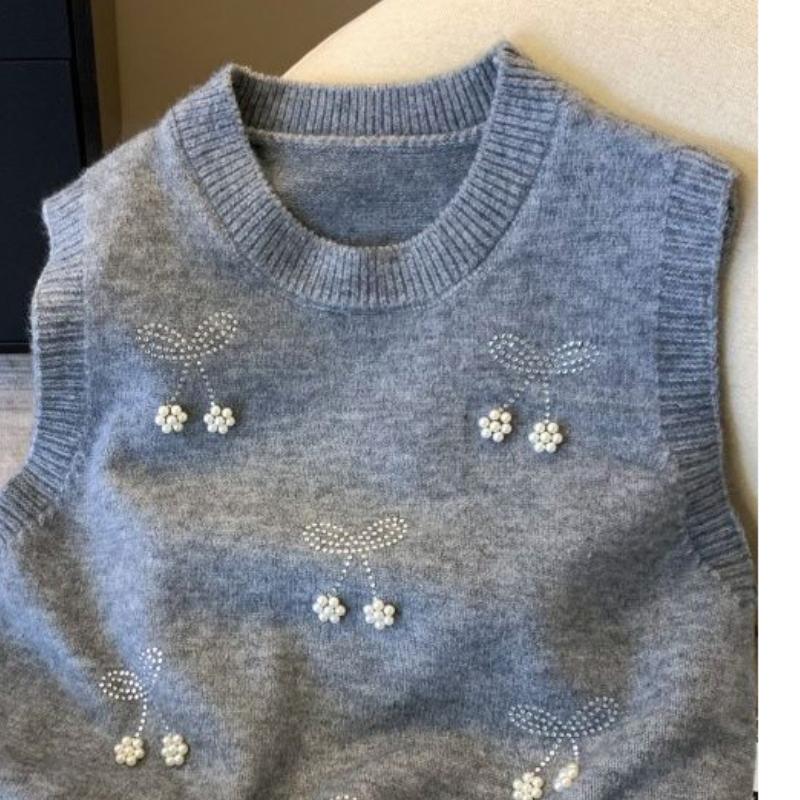 

Женский жилет с круглым вырезом, украшенный жемчугом, корейский свободный, с бусинами, женские свитера, осенняя мода, в западном стиле, женский свитер-жилет XL