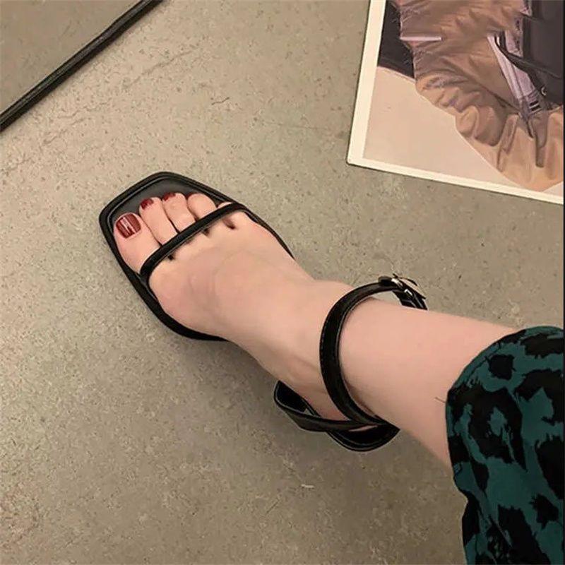 2025 Summer Thick Heel One-word with High Heels Design Sense Niche Super Fire New Waterproof Table Square Head Sandals Women