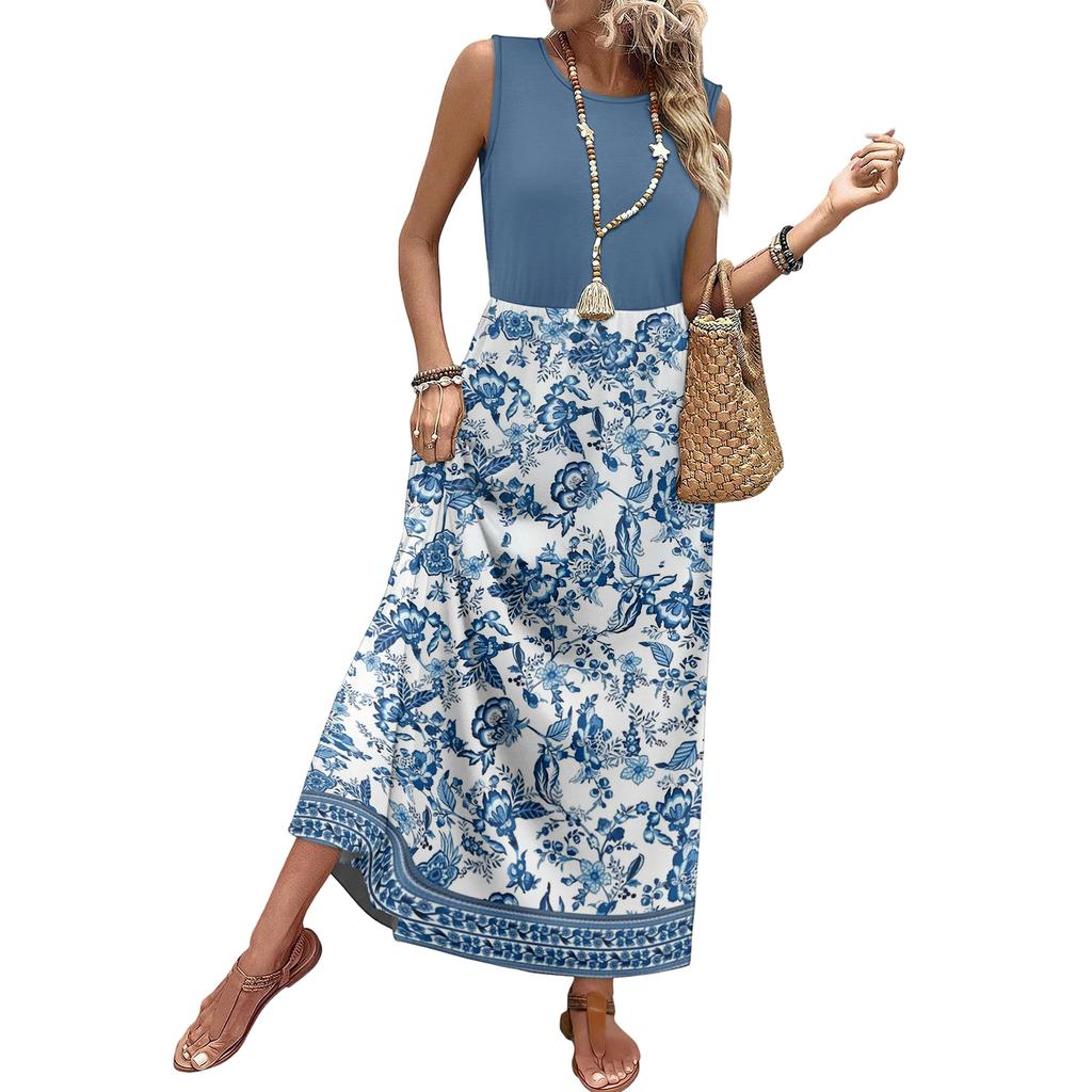 Sleeveless Round Neck Floral Print Maxi Dress Casual Loose Fit Long Dress Lightweight Summer Sundress for Women