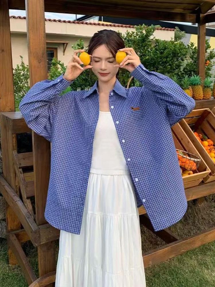 Women's Blue Plaid Dog Embroidery Long Sleeve Loose Shirt - Autumn/Winter 2025 Collection