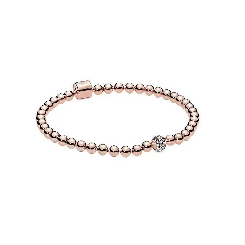 Rose Gold Plated White Copper Beaded Chain Bracelet Women Delicate Ball-Style Stackable DIY Jewelry Accessory