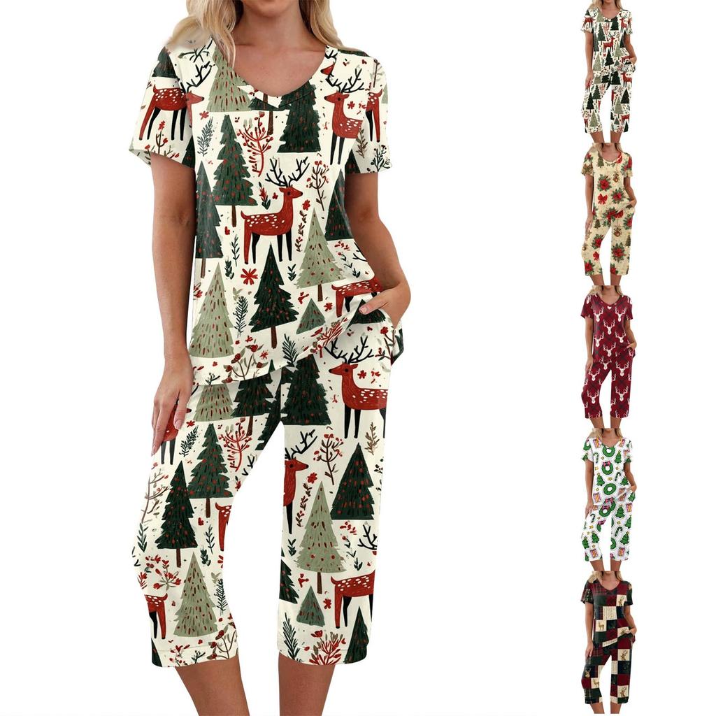 Women's Casual Christmas Print Two-Piece Outfit with Short Sleeve Top and Pants