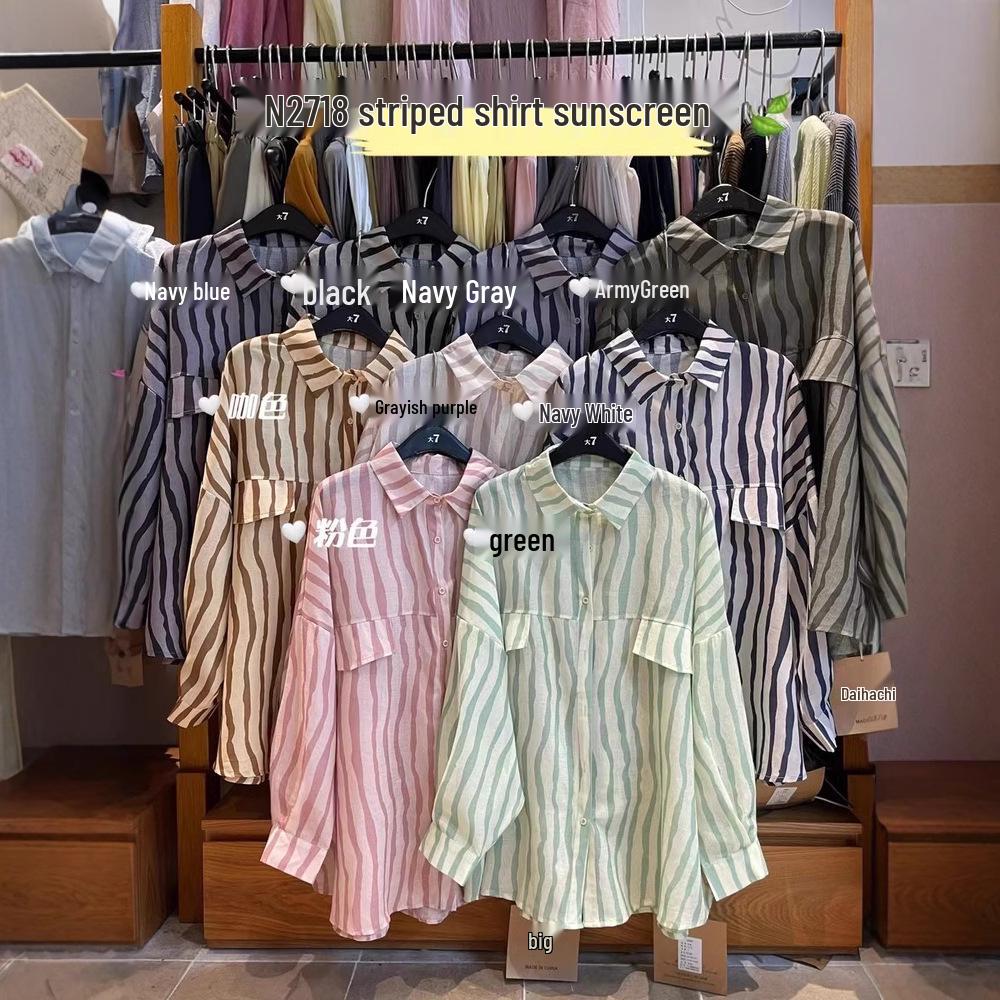 

Women s Plus Size Loose Pinstripe Sun Protection Shirt - Summer Korean Vacation Style Navy Gray