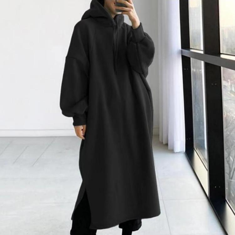 Felpa con cappuccio oversize ispessita da donna alla moda, abito lungo a maniche lunghe a tinta unita, abbigliamento autunno-inverno