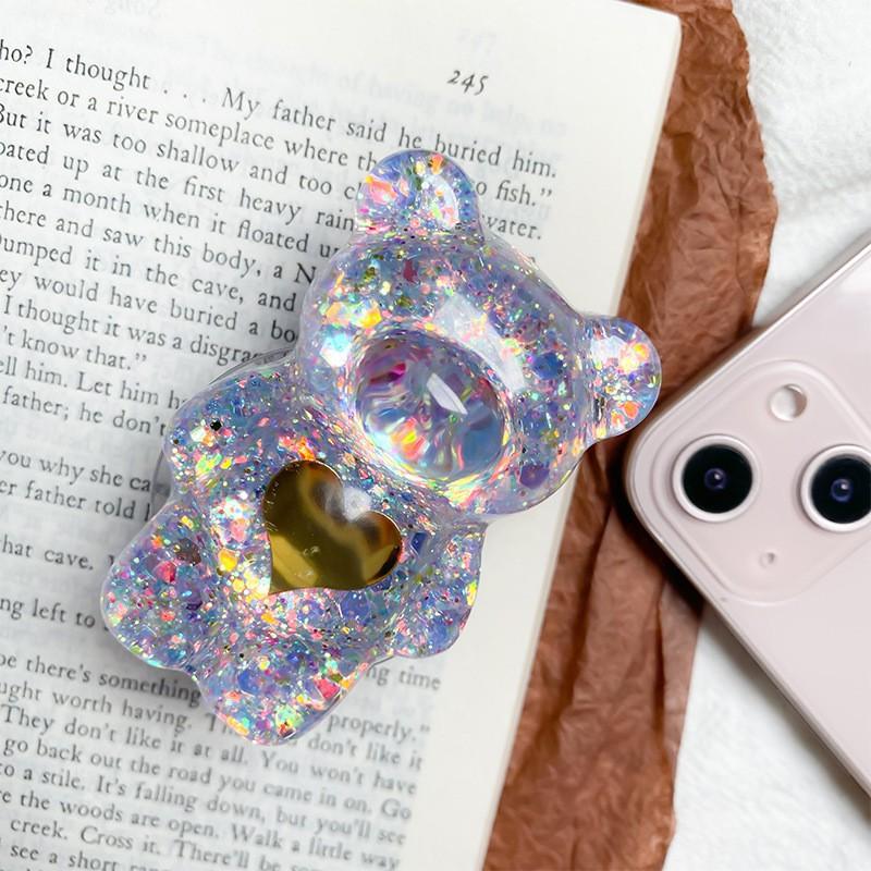 

Creative 3D Dropper Bear Phone Holder With Heart-shaped Sequins Portable Cute Cartoon Desktop Support Tablet Back Sticker