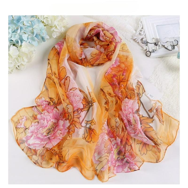 Summer Korean Version of The Season Silk Scarf Sunscreen Scarf Rich Peony Ladies Chiffon Long Silk Scarf Gauze Scarf
