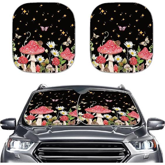 Mushroom Car Windshield Sunshade Daisy Flower Dragonfly Butterfly Mushroom Auto Front Sun Shades Foldable Sunlight Protection Visor Universal Vehicle
