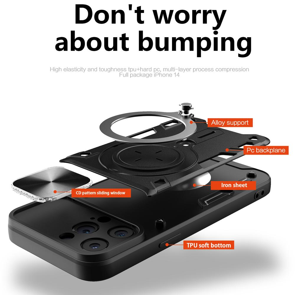 For iPhone 11 Pro Rotatable Kickstand Protective Cover PC+TPU Phone Case with Slide Camera Lid